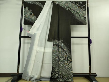 平和屋本店●極上　訪問着　辻が花　黒地　金彩　金通し地　逸品　DZAB4684kh6
