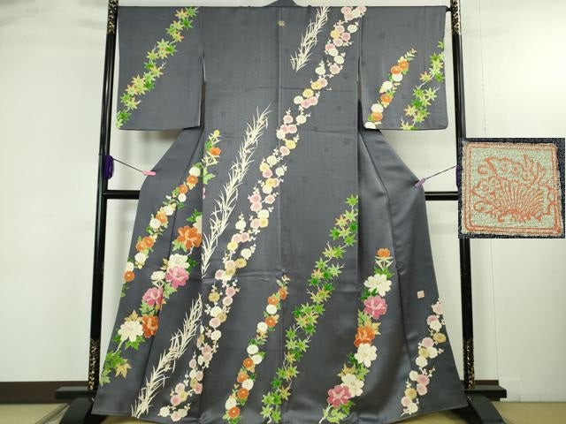 平和屋本店●極上　銀座新松　訪問着　菊　梅　牡丹　楓　褐色地　金彩　逸品　DZAB4686kh6