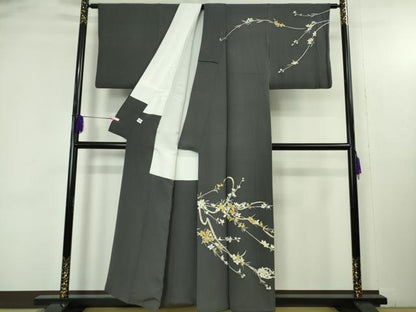 平和屋着物●極上　本加賀友禅作家　松島由美　訪問着　枝花文　褐色地　逸品　DZAB4687kh6