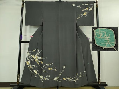 平和屋着物●極上　本加賀友禅作家　松島由美　訪問着　枝花文　褐色地　逸品　DZAB4687kh6