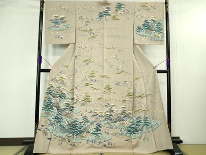平和屋本店●極上　訪問着　友禅　作家物　渡橋風景花文　枯野色地　逸品　DZAB4688kh6