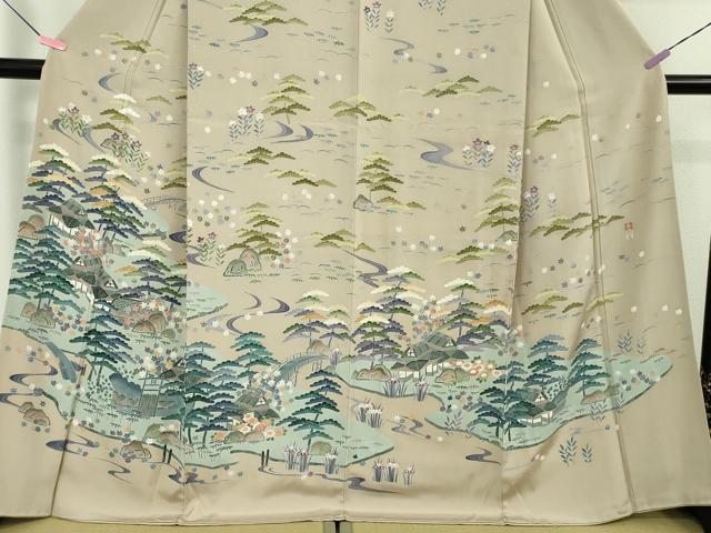 平和屋本店●極上　訪問着　友禅　作家物　渡橋風景花文　枯野色地　逸品　DZAB4688kh6