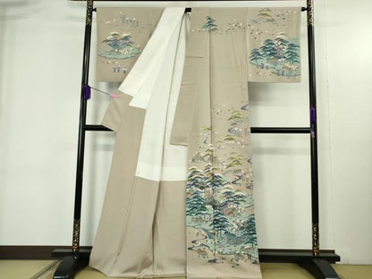 平和屋本店●極上　訪問着　友禅　作家物　渡橋風景花文　枯野色地　逸品　DZAB4688kh6