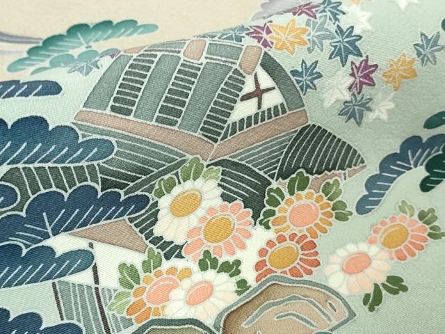 平和屋本店●極上　訪問着　友禅　作家物　渡橋風景花文　枯野色地　逸品　DZAB4688kh6