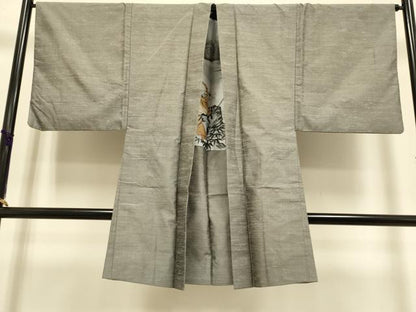 平和屋本店●希少　男性　本場筑前博多織 紬 アンサンブル 長襦袢(袷)・長羽織セット　羽裏・龍　虎　茶鼠色　証紙付き　逸品　DZAB4701kh6