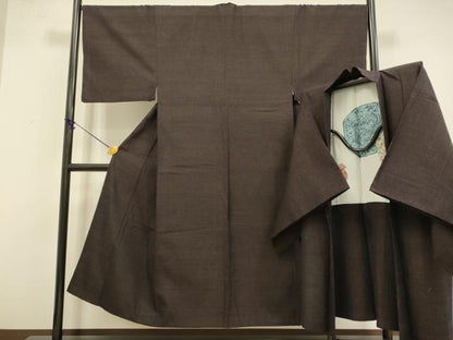 平和屋着物●極上　男性　紬　アンサンブル　色無地　濃い黒鳶色　逸品　DZAB4705kh6