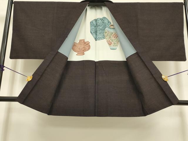平和屋着物●極上　男性　紬　アンサンブル　色無地　濃い黒鳶色　逸品　DZAB4705kh6