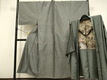 平和屋本店●極上　男性　紬　アンサンブル　キングサイズ　長羽織　着物:消炭色　羽織;藍海松茶色　逸品　DZAB4712kh6