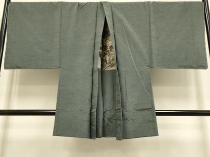 平和屋本店●極上　男性　紬　アンサンブル　キングサイズ　長羽織　着物:消炭色　羽織;藍海松茶色　逸品　DZAB4712kh6