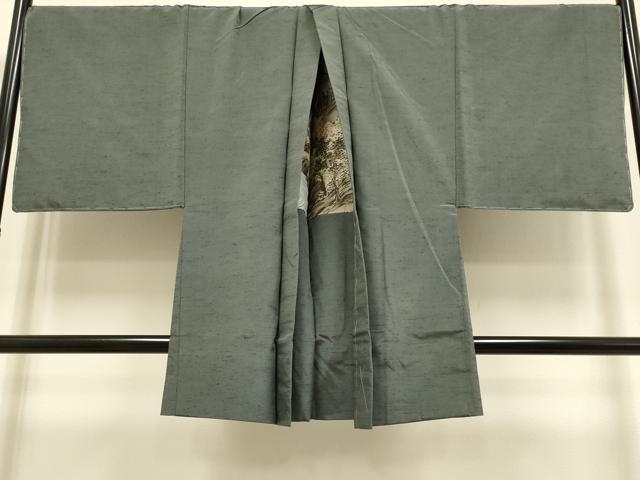 平和屋本店●極上　男性　紬　アンサンブル　キングサイズ　長羽織　着物:消炭色　羽織;藍海松茶色　逸品　DZAB4712kh6