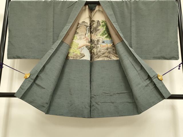 平和屋本店●極上　男性　紬　アンサンブル　キングサイズ　長羽織　着物:消炭色　羽織;藍海松茶色　逸品　DZAB4712kh6