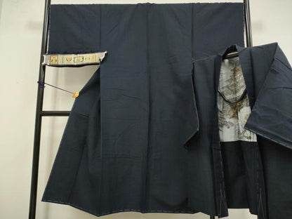 平和屋着物●極上　男性　結城紬　アンサンブル　色無地　濃い藍鉄色　証紙付き　逸品　未使用　DZAB4714kh6