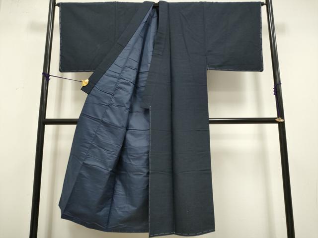 平和屋着物●極上　男性　結城紬　アンサンブル　色無地　濃い藍鉄色　証紙付き　逸品　未使用　DZAB4714kh6