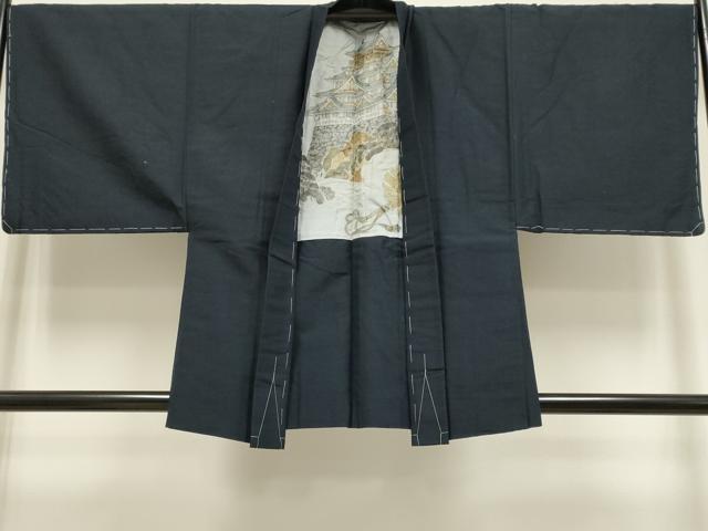平和屋着物●極上　男性　結城紬　アンサンブル　色無地　濃い藍鉄色　証紙付き　逸品　未使用　DZAB4714kh6