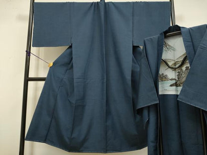 平和屋着物●極上　男性　紬　アンサンブル　キングサイズ　長羽織　濃い青藍色　逸品　未使用　DZAB4715kh6