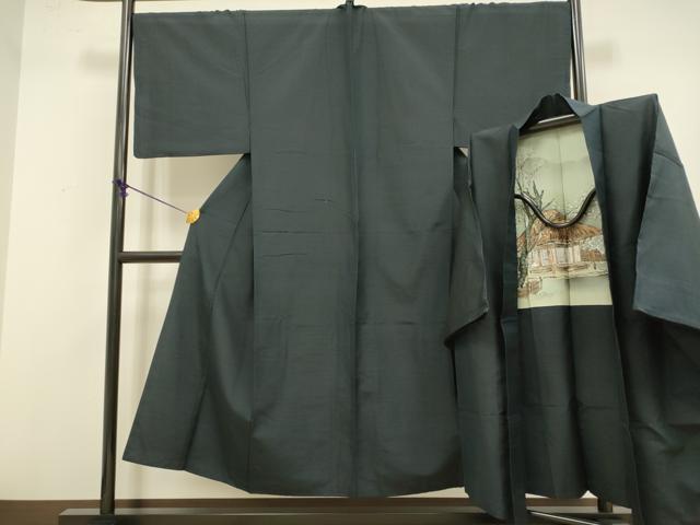 平和屋着物●極上　男性　紬　アンサンブル　長羽織　色無地　濃い藍鉄色　逸品　DZAB4717kh6