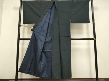 平和屋着物●極上　男性　紬　アンサンブル　長羽織　色無地　濃い藍鉄色　逸品　DZAB4717kh6