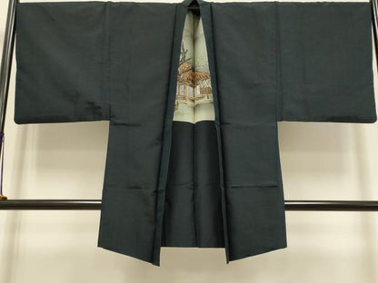平和屋着物●極上　男性　紬　アンサンブル　長羽織　色無地　濃い藍鉄色　逸品　DZAB4717kh6