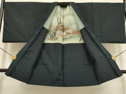 平和屋着物●極上　男性　紬　アンサンブル　長羽織　色無地　濃い藍鉄色　逸品　DZAB4717kh6