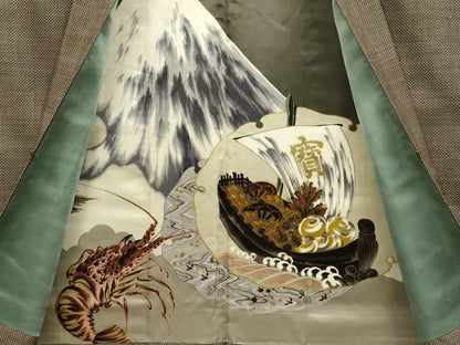 平和屋着物●極上　男性　本場大島紬 アンサンブル 長羽織　一元絣　平武則作　羽裏:伊勢海老・宝船　証紙付き　逸品　未使用　DZAB4721kh6