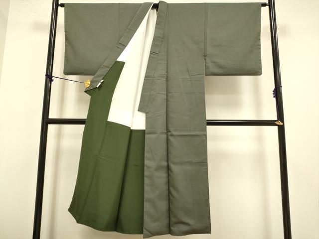 平和屋着物●極上　男性　お召　アンサンブル　長羽織　色無地　着物:濃い利休色　羽織:濃い灰汁色　逸品　DZAB4727kh6