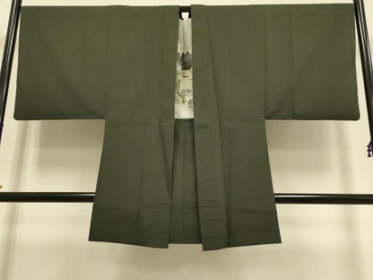 平和屋着物●極上　男性　お召　アンサンブル　長羽織　色無地　着物:濃い利休色　羽織:濃い灰汁色　逸品　DZAB4727kh6