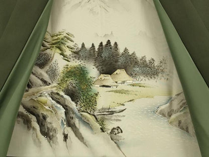 平和屋着物●極上　男性　お召　アンサンブル　長羽織　色無地　着物:濃い利休色　羽織:濃い灰汁色　逸品　DZAB4727kh6