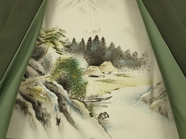 平和屋着物●極上　男性　お召　アンサンブル　長羽織　色無地　着物:濃い利休色　羽織:濃い灰汁色　逸品　DZAB4727kh6