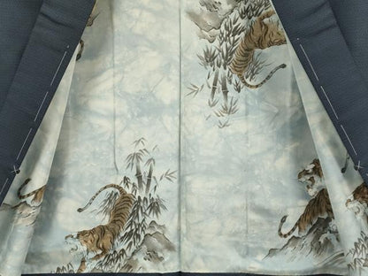 平和屋着物●極上　男性　お召　アンサンブル　キングサイズ　長羽織　羽裏・虎　逸品　DZAB4734kh6