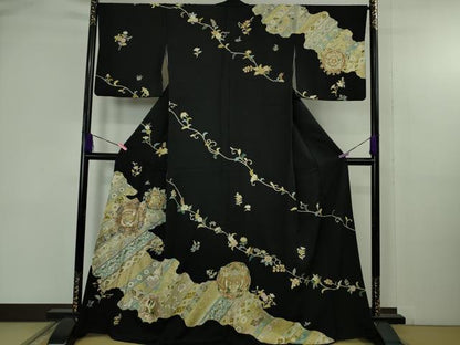 平和屋本店●極上　訪問着　駒刺繍　鳳凰舞鳥更紗花文　黒地　金彩　逸品　DZAB4739kh6