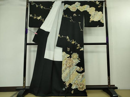 平和屋本店●極上　訪問着　駒刺繍　鳳凰舞鳥更紗花文　黒地　金彩　逸品　DZAB4739kh6