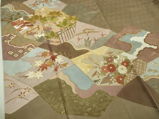 平和屋本店●極上　皇室献上作家　藤井寛　色留袖　駒刺繍　舞蝶四季花文　銀煤竹色地　金彩　逸品　DZAB4741kh6