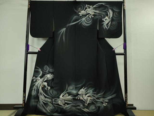 平和屋本店●極上　訪問着　手描き　龍　スパンコール　暈し染め　黒地　金銀彩　逸品　DZAB4744kh6