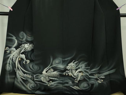 平和屋本店●極上　訪問着　手描き　龍　スパンコール　暈し染め　黒地　金銀彩　逸品　DZAB4744kh6