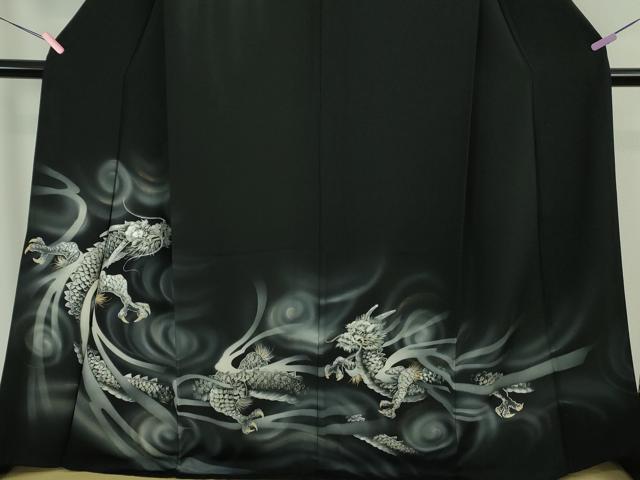 平和屋本店●極上　訪問着　手描き　龍　スパンコール　暈し染め　黒地　金銀彩　逸品　DZAB4744kh6