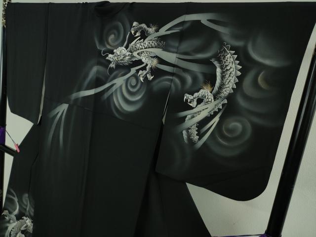 平和屋本店●極上　訪問着　手描き　龍　スパンコール　暈し染め　黒地　金銀彩　逸品　DZAB4744kh6