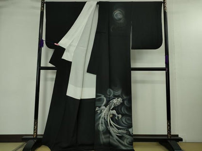 平和屋本店●極上　訪問着　手描き　龍　スパンコール　暈し染め　黒地　金銀彩　逸品　DZAB4744kh6