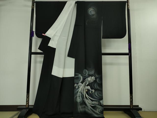 平和屋本店●極上　訪問着　手描き　龍　スパンコール　暈し染め　黒地　金銀彩　逸品　DZAB4744kh6