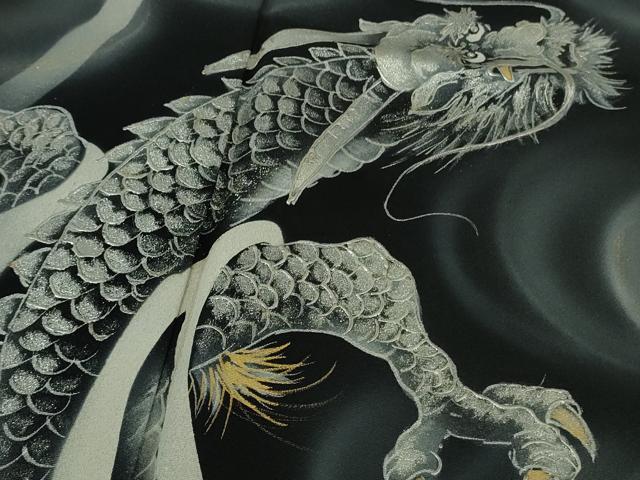 平和屋本店●極上　訪問着　手描き　龍　スパンコール　暈し染め　黒地　金銀彩　逸品　DZAB4744kh6