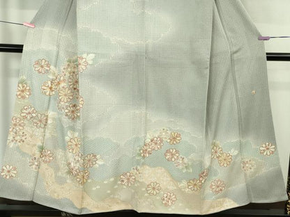 平和屋本店●極上　中国三大刺繍 スワトウ刺繍 訪問着 駒刺繍　作家物　道長花文　スモークブルー色地　暈し染め　金糸　逸品　DZAB4748kh6