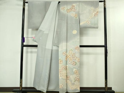平和屋本店●極上　中国三大刺繍 スワトウ刺繍 訪問着 駒刺繍　作家物　道長花文　スモークブルー色地　暈し染め　金糸　逸品　DZAB4748kh6