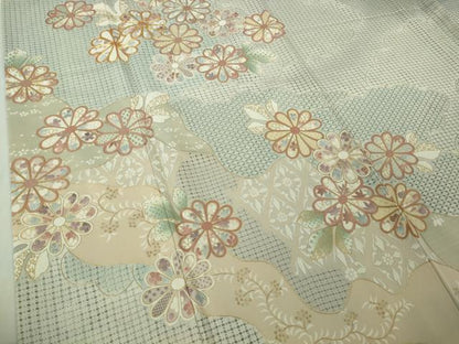 平和屋本店●極上　中国三大刺繍 スワトウ刺繍 訪問着 駒刺繍　作家物　道長花文　スモークブルー色地　暈し染め　金糸　逸品　DZAB4748kh6
