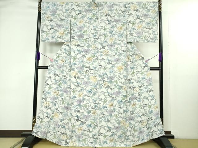 平和屋着物▽極上　小紋　単衣　江戸紅型　舞蝶花文　逸品　DZAB4749kh6