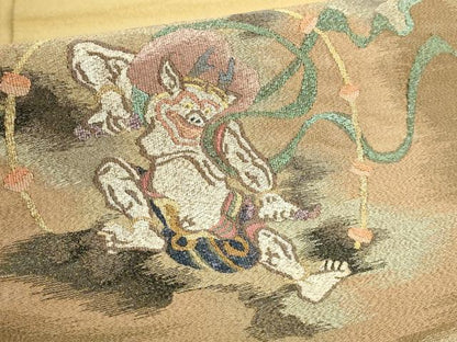平和屋本店●極上　西陣　じゅらく謹製　爪掻き本綴れ　太鼓柄袋帯　雷神図　金糸　証紙・反端付き　逸品　DZAB4756kh6