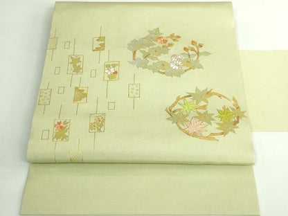 平和屋着物●極上　塩瀬　九寸名古屋帯　刺繍　花丸文　薄い抹茶色地　金彩　逸品　DZAB4768kh6
