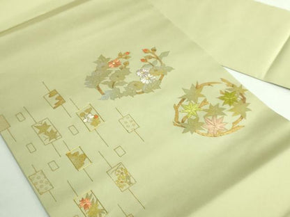 平和屋着物●極上　塩瀬　九寸名古屋帯　刺繍　花丸文　薄い抹茶色地　金彩　逸品　DZAB4768kh6