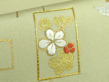 平和屋着物●極上　塩瀬　九寸名古屋帯　刺繍　花丸文　薄い抹茶色地　金彩　逸品　DZAB4768kh6