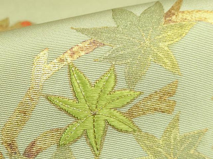 平和屋着物●極上　塩瀬　九寸名古屋帯　刺繍　花丸文　薄い抹茶色地　金彩　逸品　DZAB4768kh6
