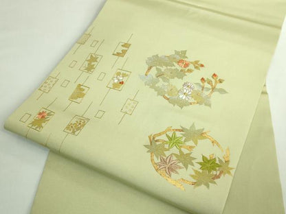 平和屋着物●極上　塩瀬　九寸名古屋帯　刺繍　花丸文　薄い抹茶色地　金彩　逸品　DZAB4768kh6