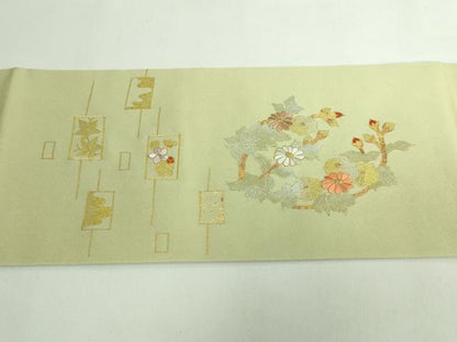 平和屋着物●極上　塩瀬　九寸名古屋帯　刺繍　花丸文　薄い抹茶色地　金彩　逸品　DZAB4768kh6